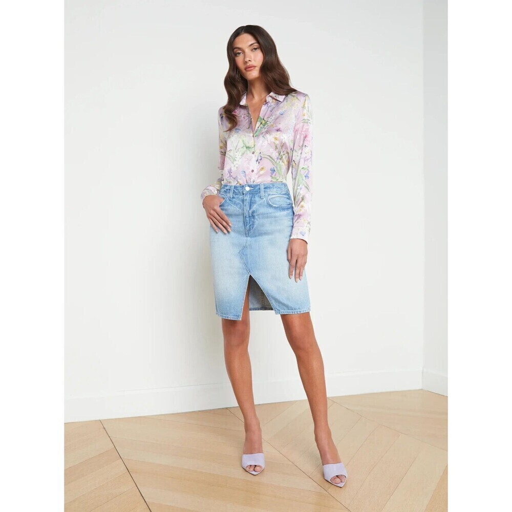 L'Agence Tylee Denim Palisade Above Knee Skirt Split Hem Light wash Size 31